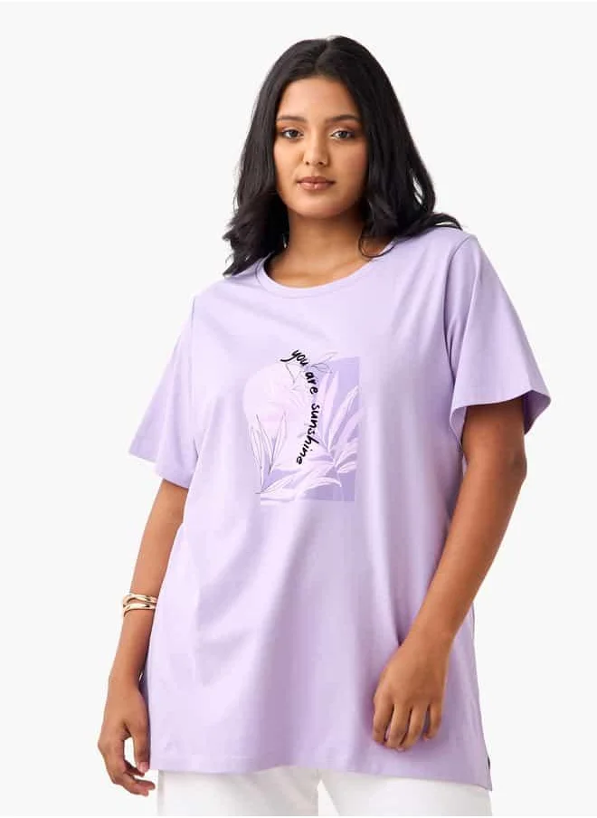 Ulla Popken Plus Size Ulla Popken Slogan Print T-shirt with Short Sleeves and Round Neck