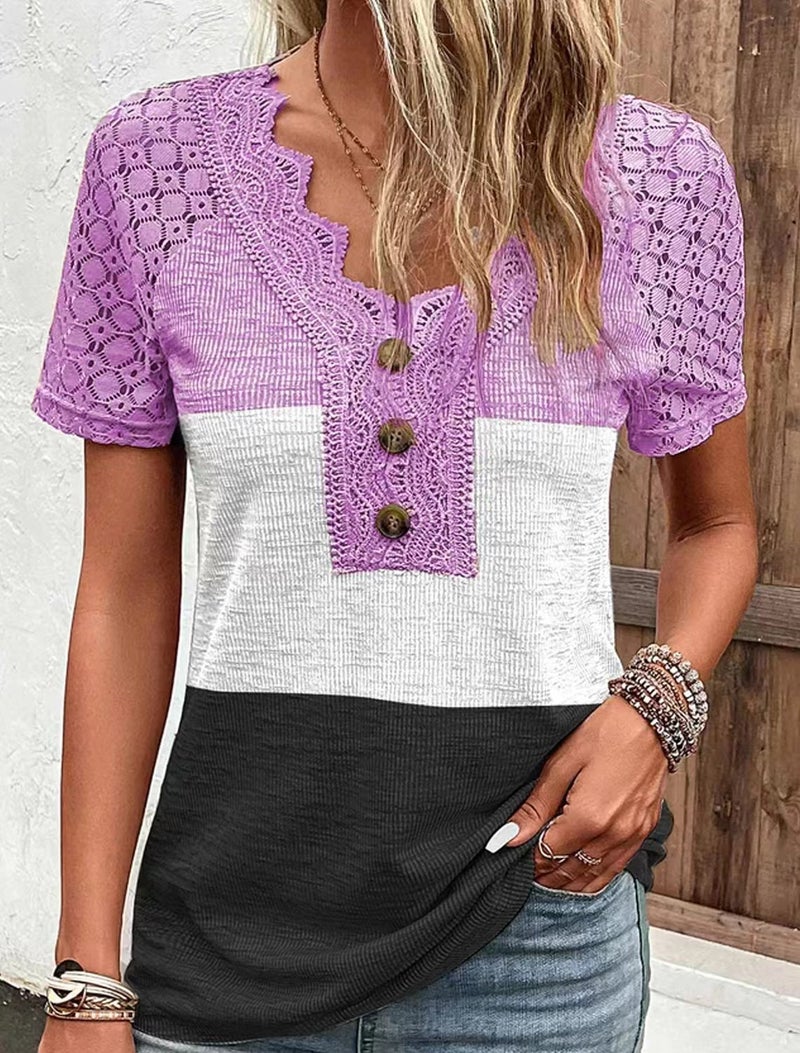 spring new comfortable casual lace stitching V-neck top short sleeve t-shirt