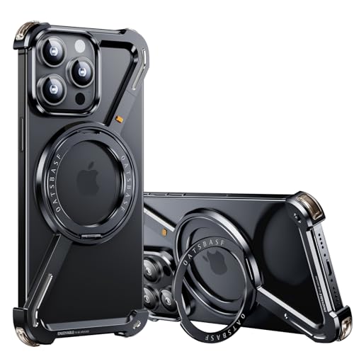 OATSBASF Minimalist Phone Case Compatible with iPhone 15 Pro Max 6.7", 360° Rotation Kickstand Aluminum Metal Frameless Design Bumper Z Case, Protective Shock Grade Shell, Black - Image 1