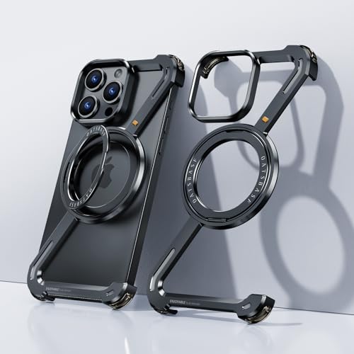 OATSBASF Minimalist Phone Case Compatible with iPhone 15 Pro Max 6.7", 360° Rotation Kickstand Aluminum Metal Frameless Design Bumper Z Case, Protective Shock Grade Shell, Black - Image 5