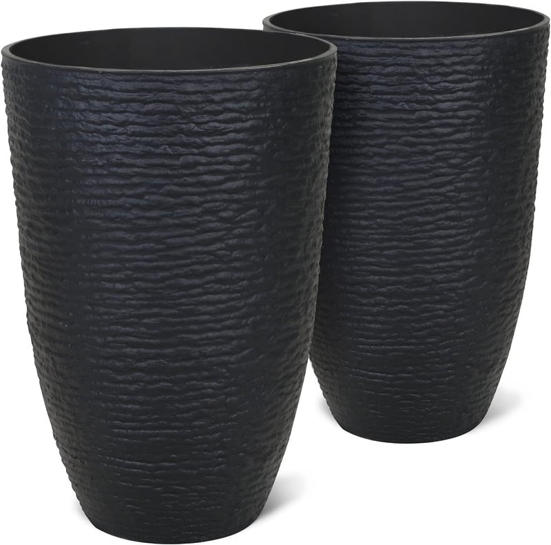 WORTH Garden 21" H Tall Planters 2 Pack - 14'' Dia Resin Large Round Black Flower Pots for Outdoor Plants Trees - Imitation Stone Finish Plastic Indoor Front Porch 9 Gallon Decorative Container Patio - Image 1
