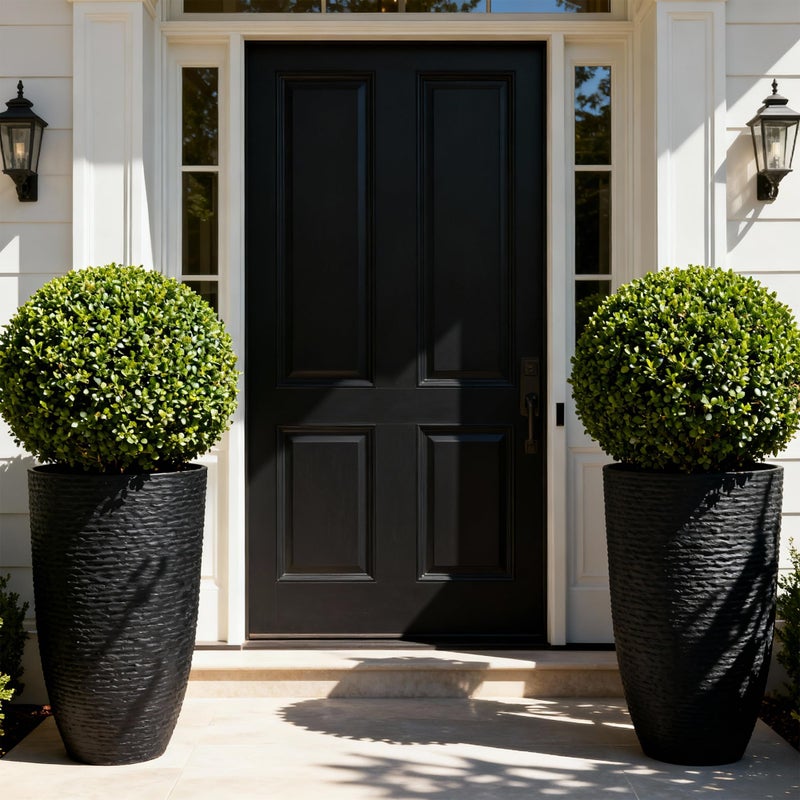 WORTH Garden 21" H Tall Planters 2 Pack - 14'' Dia Resin Large Round Black Flower Pots for Outdoor Plants Trees - Imitation Stone Finish Plastic Indoor Front Porch 9 Gallon Decorative Container Patio - Image 2