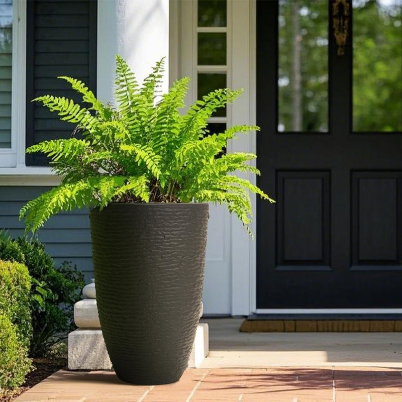 WORTH Garden 21" H Tall Planters 2 Pack - 14'' Dia Resin Large Round Black Flower Pots for Outdoor Plants Trees - Imitation Stone Finish Plastic Indoor Front Porch 9 Gallon Decorative Container Patio - Image 5