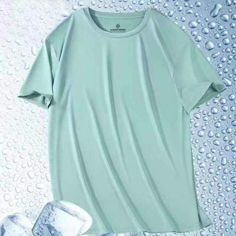 تي شيرت صيفي رقيق بأكمام قصيرة للرجال بلون سادة بسيط تصميم شبكي ياقة دائرية من حرير الثلج ملابس رياضية سريعة الجفاف باللون الأزرق البحري - Image 4