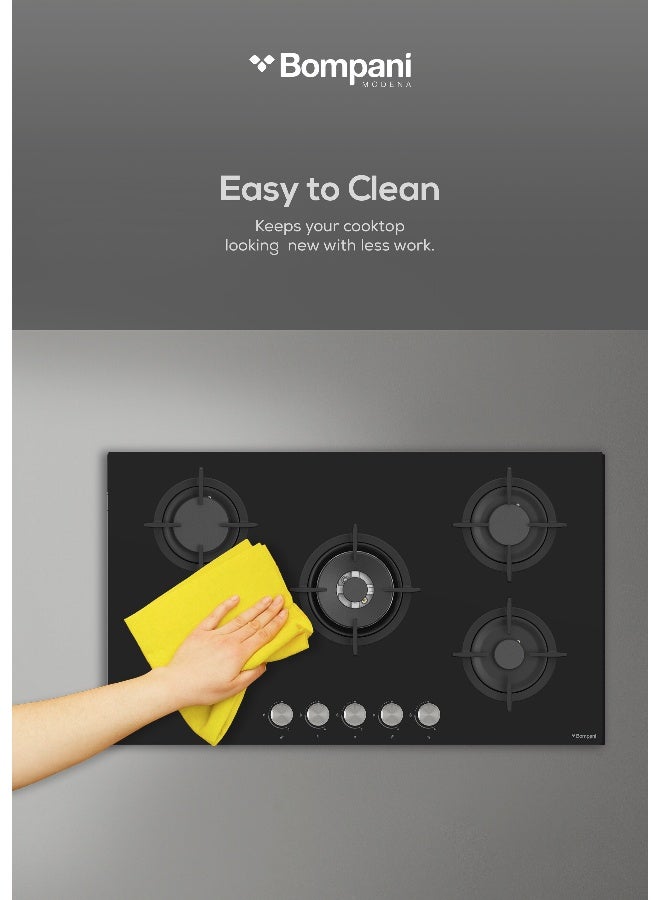 بومباني موقد مدمج 90 سم، 5 شعلات غاز من النوع الأوروبي، شعلات Sabaf، زجاج أسود مقسّى، تحكم ميكانيكي - ضمان الشركة المصنعة لمدة عام واحد - - Image 5