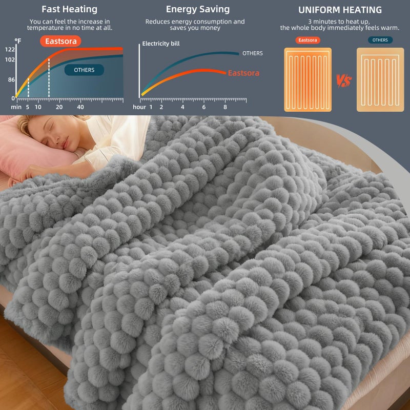 Eastsora Heated Blanket Throw 50" x 60" Soft Ribbed Faux Fur Flannel Fast Heating 12 Heat Levels 1â€“12H Timer & Overheat Protection & Auto Shut-Off & ETL FCC & Machine Washable Heated Throw - Image 4
