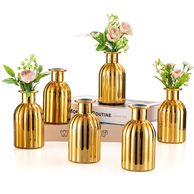 Nuptio Bud المزهريات Glass Gold: 6 PCS مزهرية صغيرة محددة للزهور - زجاجة زهرة عتيقة مصغرة مزهريات واحدة متنوعة لمركز الزفاف المركزية - Image 1