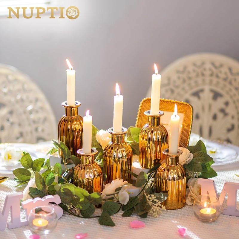 Nuptio Bud المزهريات Glass Gold: 6 PCS مزهرية صغيرة محددة للزهور - زجاجة زهرة عتيقة مصغرة مزهريات واحدة متنوعة لمركز الزفاف المركزية - Image 3