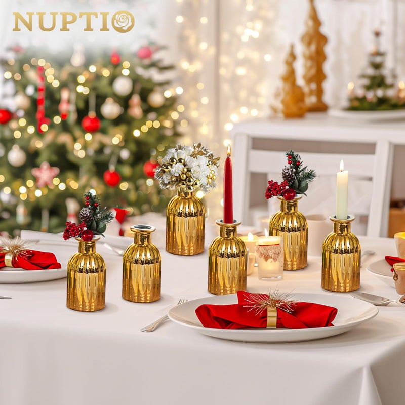 Nuptio Bud المزهريات Glass Gold: 6 PCS مزهرية صغيرة محددة للزهور - زجاجة زهرة عتيقة مصغرة مزهريات واحدة متنوعة لمركز الزفاف المركزية - Image 4