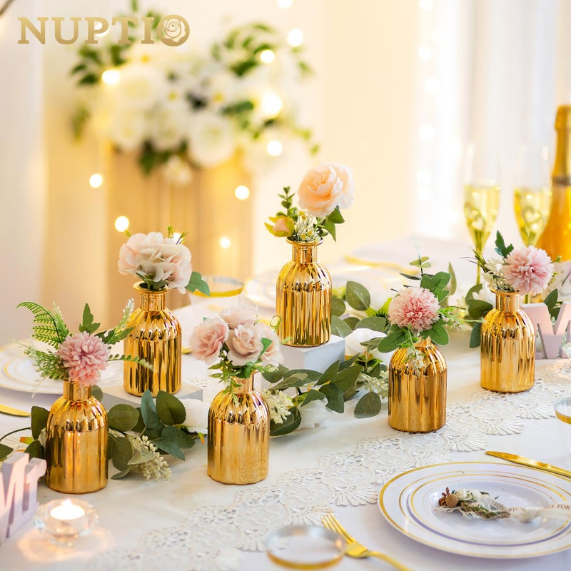 Nuptio Bud المزهريات Glass Gold: 6 PCS مزهرية صغيرة محددة للزهور - زجاجة زهرة عتيقة مصغرة مزهريات واحدة متنوعة لمركز الزفاف المركزية - Image 2