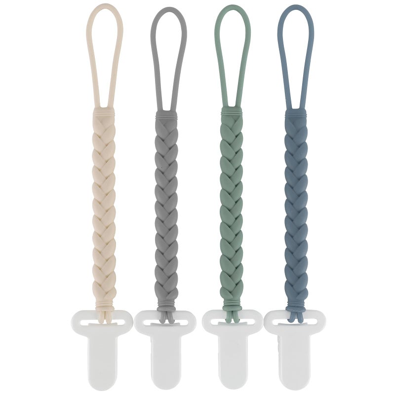 Slotic 4-Pack Silicone Pacifier Clips with a Woven Rope Shape for Baby Boys and Girls - Flexible and Rust-Free Holders for Teething Relief and Baby Essentials, Safe for Newborns (Grey) - Image 1
