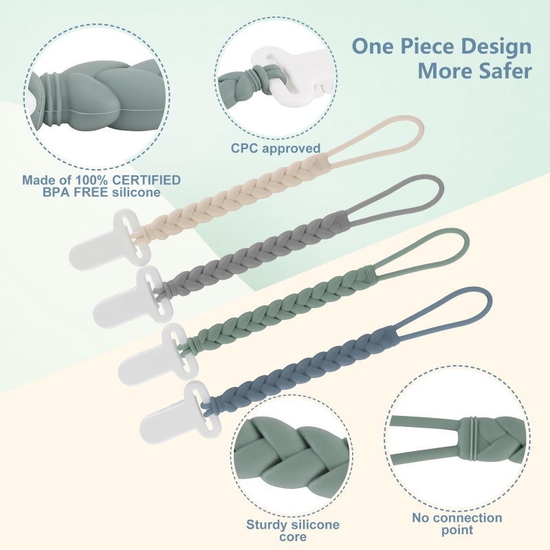 Slotic 4-Pack Silicone Pacifier Clips with a Woven Rope Shape for Baby Boys and Girls - Flexible and Rust-Free Holders for Teething Relief and Baby Essentials, Safe for Newborns (Grey) - Image 3