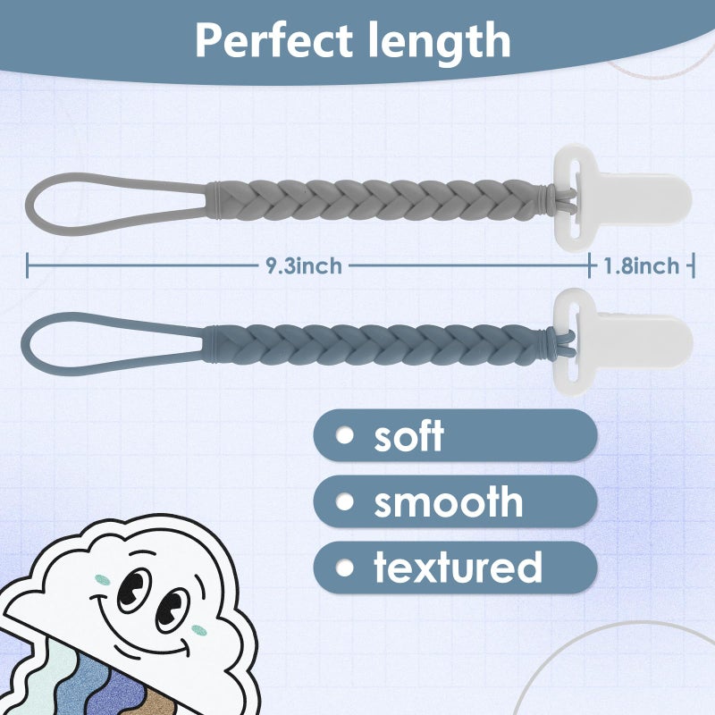 Slotic 4-Pack Silicone Pacifier Clips with a Woven Rope Shape for Baby Boys and Girls - Flexible and Rust-Free Holders for Teething Relief and Baby Essentials, Safe for Newborns (Grey) - Image 5