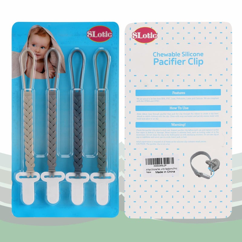 Slotic 4-Pack Silicone Pacifier Clips with a Woven Rope Shape for Baby Boys and Girls - Flexible and Rust-Free Holders for Teething Relief and Baby Essentials, Safe for Newborns (Grey) - Image 4