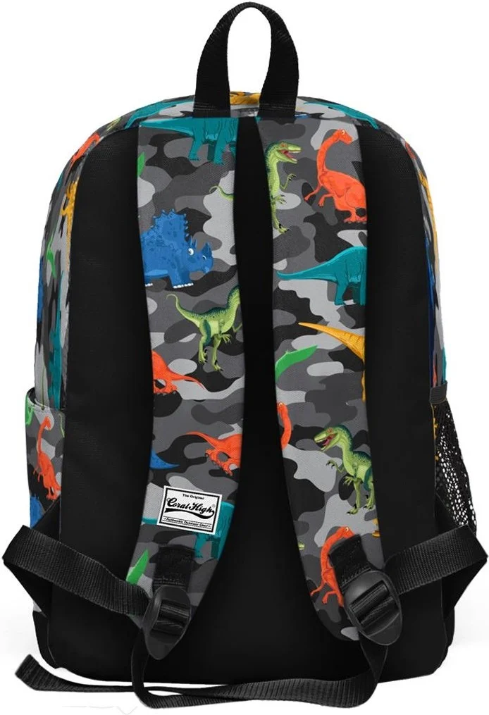 CORAL HIGH Kids Gray Dinosaur Patterned School Backpack with USB Charging and Headphone Output 23286