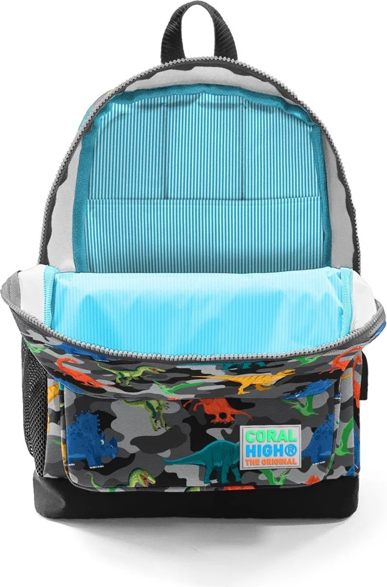 CORAL HIGH Kids Gray Dinosaur Patterned School Backpack with USB Charging and Headphone Output 23286