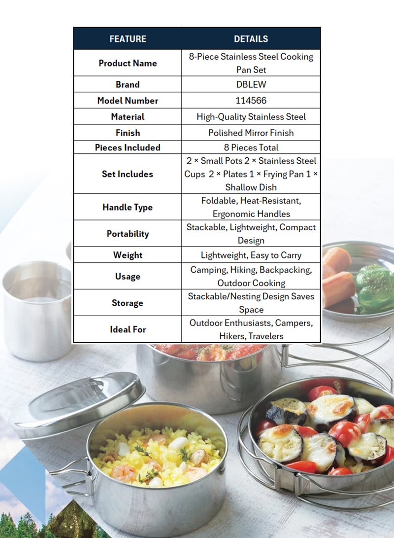 DBLEW 8-Piece Stainless Steel Camping Cookware Set Portable Non-Stick Pots, Pans, and Plates for Outdoor Cooking, Hiking, and Travel - Image 2
