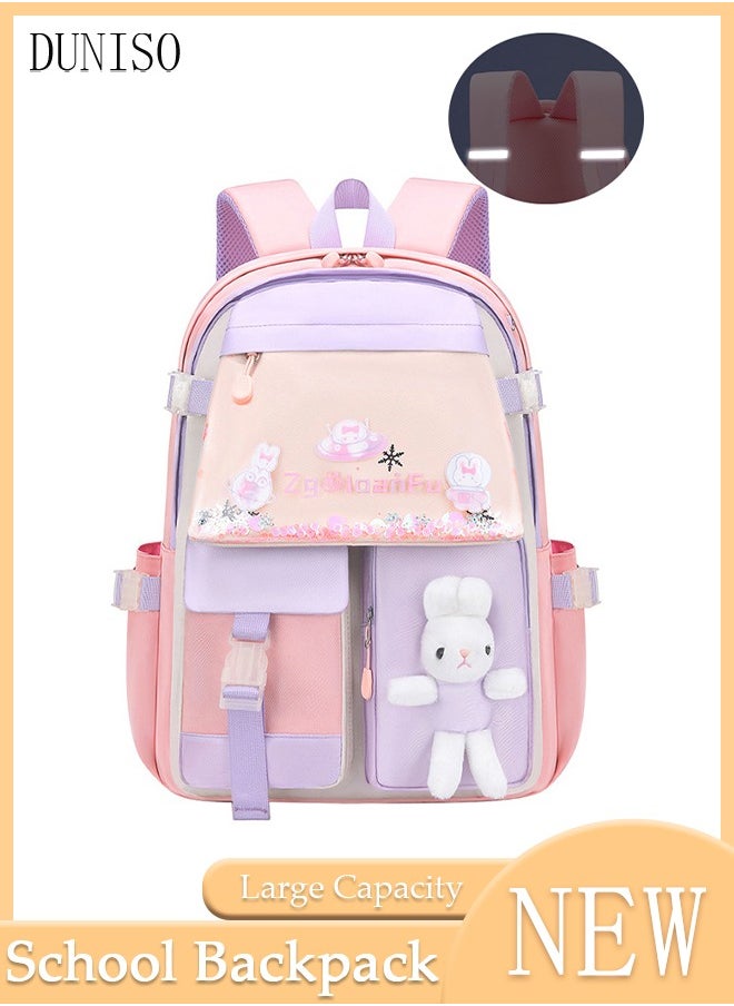 DUNISO - Girl's School Backpack Waterproof Book Bag with Compartments for Teen Girl Kid Students Elementary School Kids' School Bag With Large Capacity and Reflective strip - Image 1