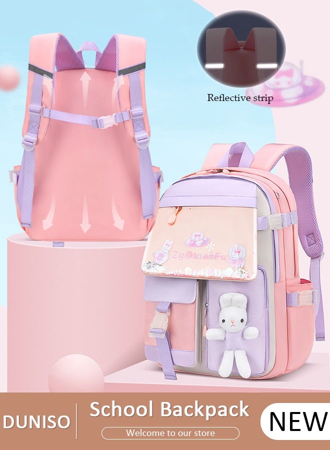 DUNISO حقيبة ظهر مدرسية للبنات حقيبة كتب مقاومة للماء مع مقصورات للفتيات المراهقات والأطفال وطلاب المدارس الابتدائية حقيبة مدرسية للأطفال بسعة كبيرة وشريط عاكس - Image 1