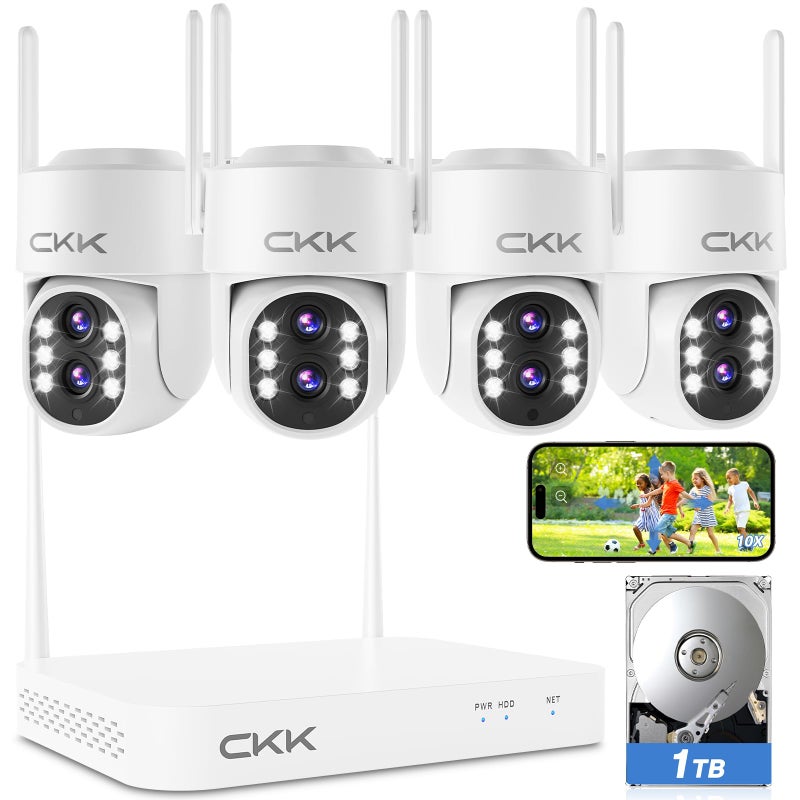 CKK Wireless Security Camera System with 10CH NVR 1TB HDD 4PCS Dual WiFi Outdoor Cameras with Dual Lens PTZ AI Motion Detection Color Night Vision 2Way Talk Floodlight Alarm IP66 Waterproof - Image 2