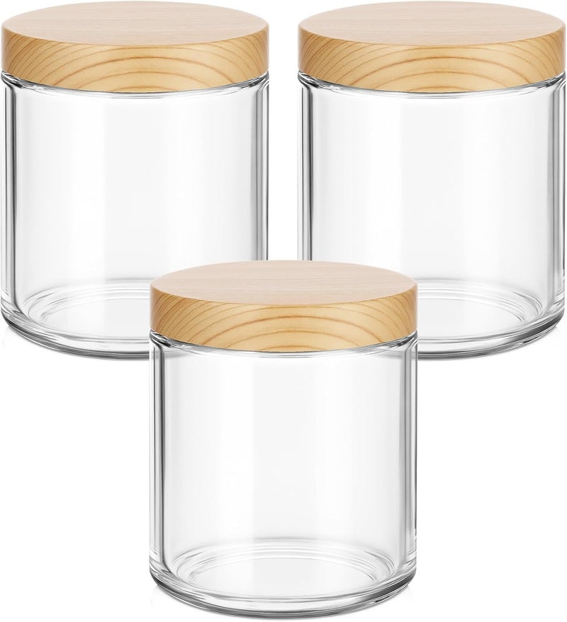 Tecohouse برطمانات ز��اجية 8 أونصة من Tecohouse مع أغطية خشبية بلاستيكية، 3 عبوات برطمانات شموع مع ملصقات فارغة، 250 جرام زجاج شفاف، فم واسع | حاويات مستحضرات تجميل للعينة، كريم، لوشن، عسل، مسحوق، جيلي - Image 1
