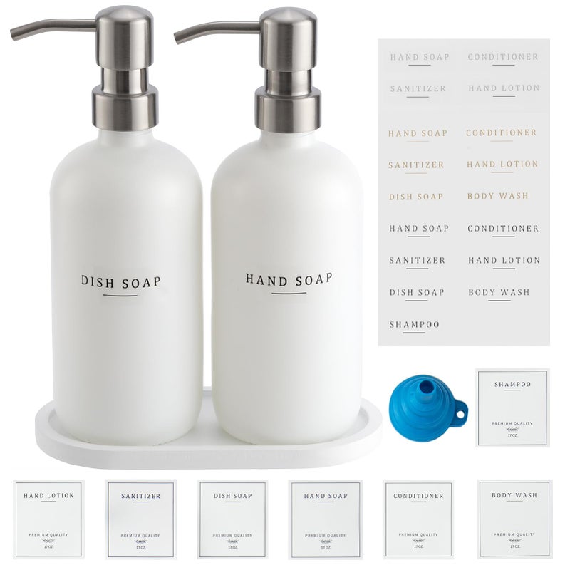 Glass Soap Dispenser Dish Soap Dispenser for Kitchen and Hand Soap Dispenser Set Bathroom Soap Dispenser with 304 Rust Proof Pump Soap Dispenser for Kitchen with Tray White BottleSilver Pump