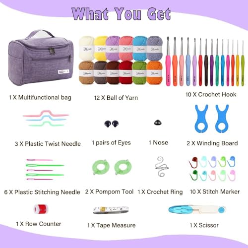 Yarniss Crochet Kits for Beginners with Instruction, All-Inclusive Crochet Set Include 840 Yards Yarn&14 Sizes Crochet Hooks, Crocheting Kit for Adult with Bag,Purple - Image 2