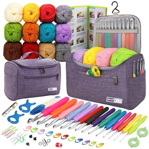 Yarniss Crochet Kits for Beginners with Instruction, All-Inclusive Crochet Set Include 840 Yards Yarn&14 Sizes Crochet Hooks, Crocheting Kit for Adult with Bag,Purple - Image 1