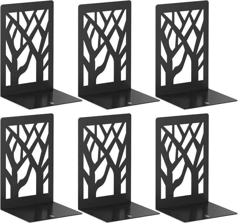 VFINE Bookends 6 Pieces, Modern Metal Bookends for Shelves, Black Tree Book Ends for Books, Decorative Book Organizer for Desk, Non-Skid Shelve Bookends for Home Office - Image 1
