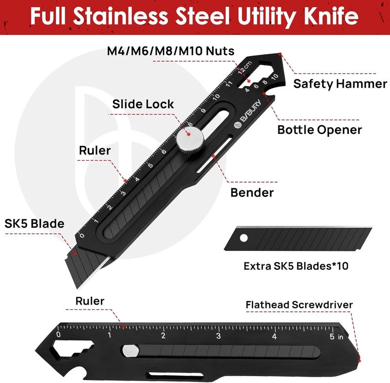 BIBURY 2 Pack Utility Knife, Heave Duty Full Stainless Steel Retractable Box Cutter with 10PCS replaceable Blades (18mm Wide), Multi-functional Extended Razor Knife for Office, Home, School Black - Image 2
