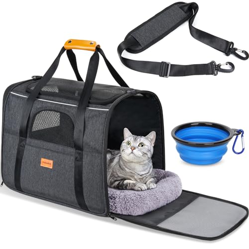 Morpilot Cat Carrier Soft Sided Cat Carrier Large for Big Medium Cats and Puppy up to 18lbs Pet Carrier with Safety Zippers Foldable Bowl Airline Approved Large Dog Carrier Dark Gray
