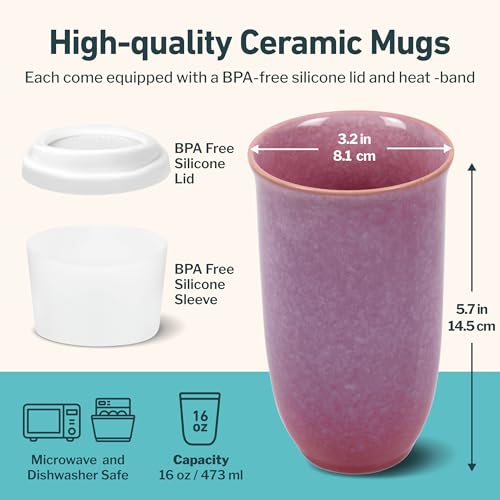 NOVA CERAMICS Coffee Travel Mug – Cup Holder Friendly Travel Mug– Microwave & Dishwasher Safe White & Purple Tumbler - Coffee Mug Fits In Cup Holder – 16oz – Astral Bloom - Image 3