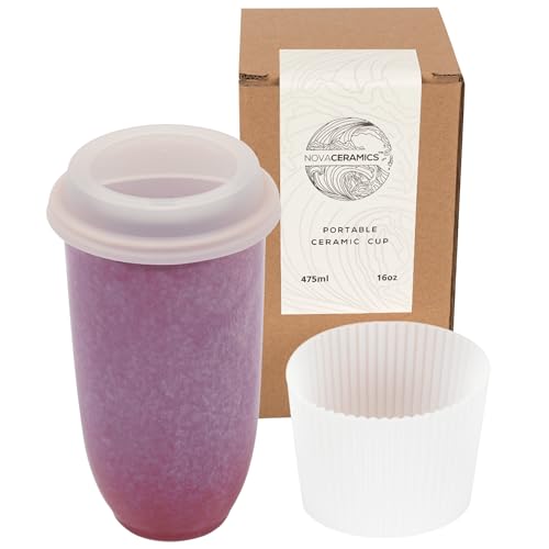 NOVA CERAMICS Coffee Travel Mug – Cup Holder Friendly Travel Mug– Microwave & Dishwasher Safe White & Purple Tumbler - Coffee Mug Fits In Cup Holder – 16oz – Astral Bloom - Image 1