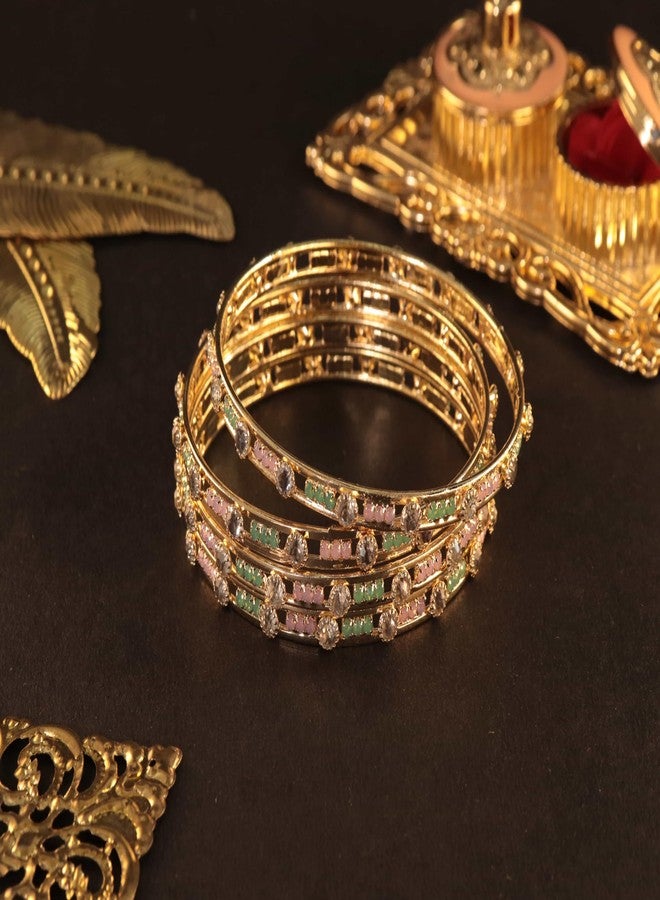 STYOLLO Traditional Gold Plated Alloy Kada Set For Women & Girls With AD Stone | Kundan Bangles | Gold Plated Bangles | Chuda Kada | Rajwadi Kangan - Set Of 4 (SYL_DC7_2704-Gold-MintPink-2.6) - Image 5