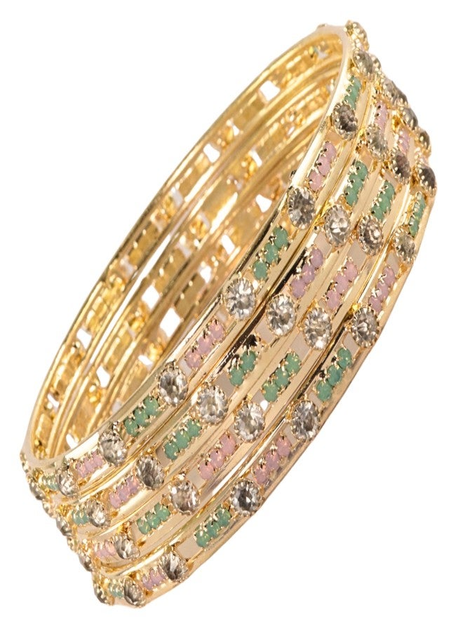 STYOLLO Traditional Gold Plated Alloy Kada Set For Women & Girls With AD Stone | Kundan Bangles | Gold Plated Bangles | Chuda Kada | Rajwadi Kangan - Set Of 4 (SYL_DC7_2704-Gold-MintPink-2.6) - Image 2