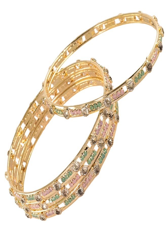 STYOLLO Traditional Gold Plated Alloy Kada Set For Women & Girls With AD Stone | Kundan Bangles | Gold Plated Bangles | Chuda Kada | Rajwadi Kangan - Set Of 4 (SYL_DC7_2704-Gold-MintPink-2.6) - Image 1