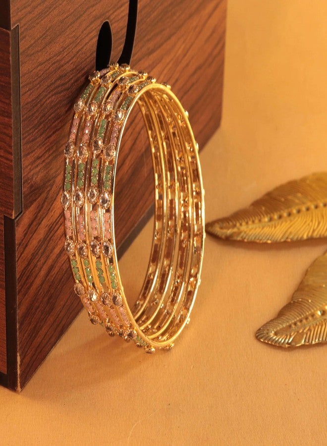 STYOLLO Traditional Gold Plated Alloy Kada Set For Women & Girls With AD Stone | Kundan Bangles | Gold Plated Bangles | Chuda Kada | Rajwadi Kangan - Set Of 4 (SYL_DC7_2704-Gold-MintPink-2.6) - Image 4