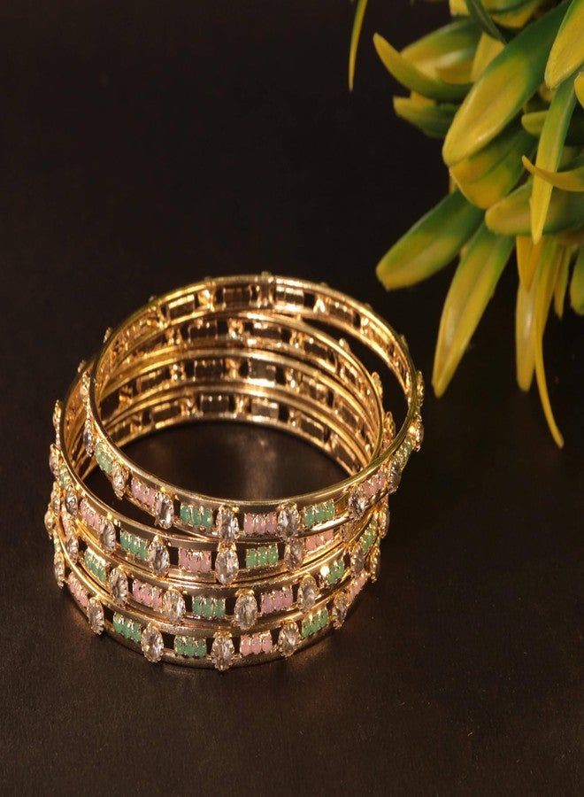 STYOLLO Traditional Gold Plated Alloy Kada Set For Women & Girls With AD Stone | Kundan Bangles | Gold Plated Bangles | Chuda Kada | Rajwadi Kangan - Set Of 4 (SYL_DC7_2704-Gold-MintPink-2.6) - Image 3