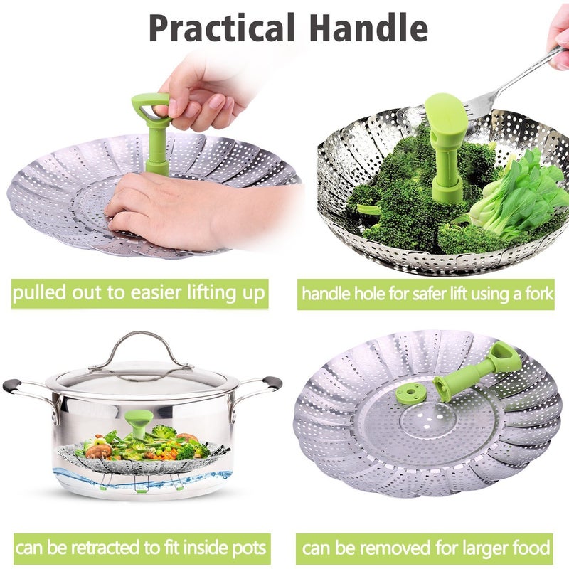 Consevisen Vegetable Steamer Basket for Cooking Food, Stainless Steel Veggie Steam Basket for Pot, Folding Expandable Steaming Insert with Extendable Handle Fits Various Size Pot, 5.1" to 9" - Image 4