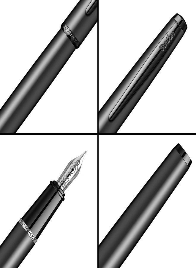 Scrikss Metropolis Medium Nib Fountain Ink Pen Metal Cover Painted in Matte Black Body Black Metal Accessories & Clip Converter Included - Image 3
