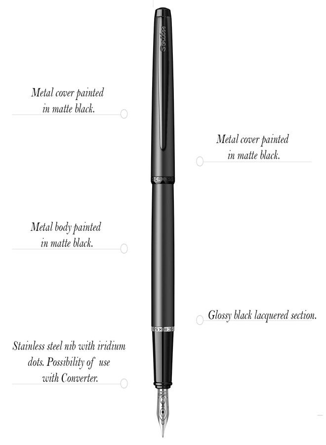 Scrikss Metropolis Medium Nib Fountain Ink Pen Metal Cover Painted in Matte Black Body Black Metal Accessories & Clip Converter Included - Image 2