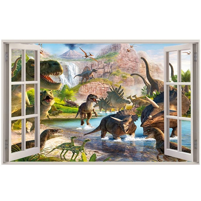 3D WATERCOLOUR DINOSAUR WORLD FAKE WINDOWS WALL STICKERPEEL AND STICK REMOVABLE DECALS FOR KIDS NURSERY BEDROOM PLAYROOM LIVING ROOM DECORATION2755X1732