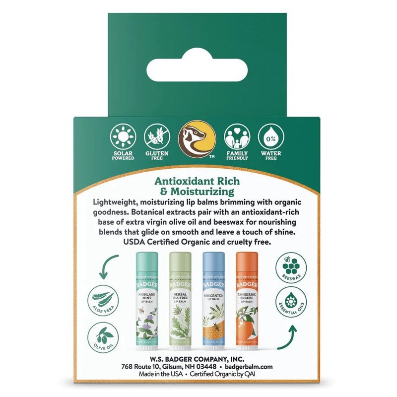 Badger Classic Organic Lip Balm Set - Yellow Box, Light Silky Long Lasting Lip Moisturizer Gift Set, All Natural Lip Balm Variety Pack Lip Set (Tangerine, Lavender Orange, Vanilla, Grapefruit), 4 pack - Image 2