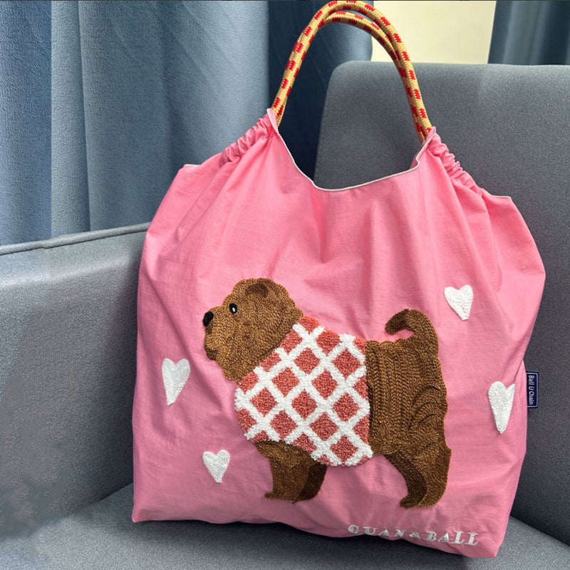 Japanese 2024 Cute Dog New Towel Environmentally Friendly Shoulder Towel Embroidered Nylon Shopping Bag - Image 1