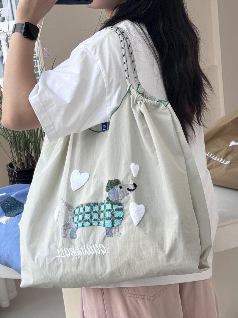 Japanese 2024 Cute Dog New Towel Environmentally Friendly Shoulder Towel Embroidered Nylon Shopping Bag - Image 2