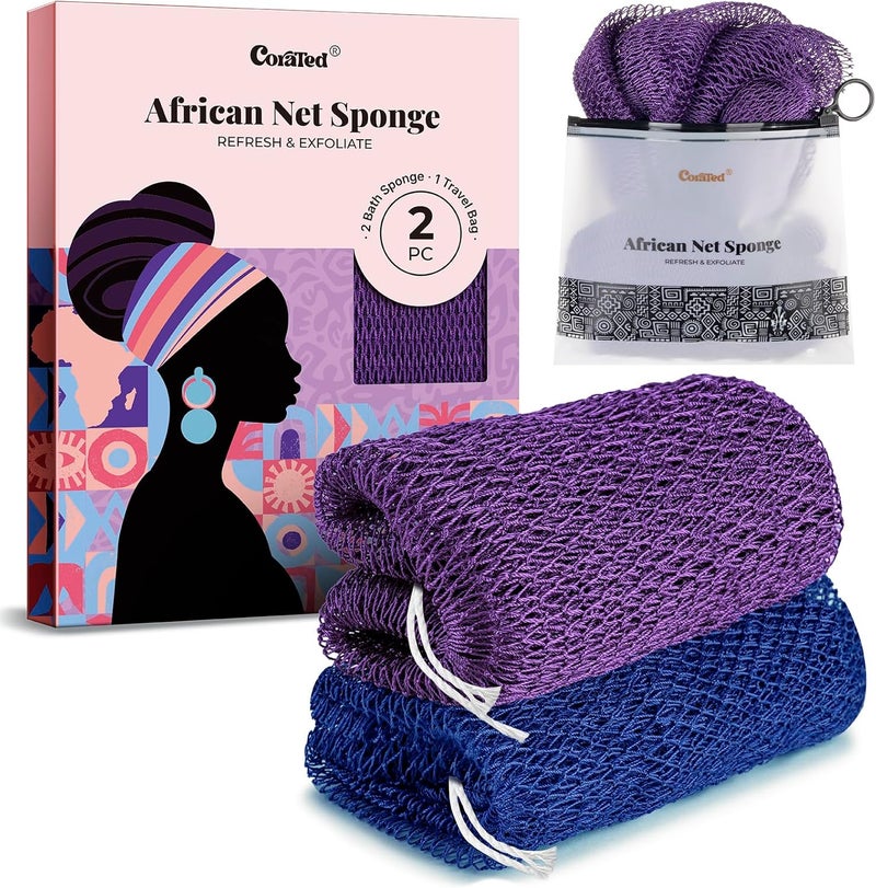 CORATED 2pcs African Exfoliating Net Sponge Bath Shower Net Sponges Scrubbing Net Body Beauty Skin Cleaning for Shower SPA Massage Blue Purple