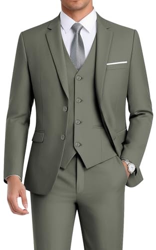 WEEN CHARM Suits for Men,3 Piece Slim Fit Suit Set with 2-Button Blazer,Vest,Pants,Tuxedo for Wedding,Prom,Party,Business Olive Green - Image 1
