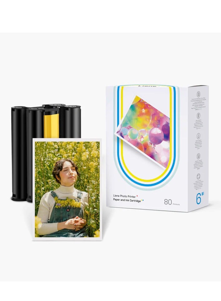 Liene Amber M100/M200 4x6" Photo Printer 80 Sheets Photo Paper & 2 Ink Cartridges Refill, Dye Sublimation, Water Oxidation-Proof, Only for Liene DHP512/DHP513 Printer, for Display, Framing, Scrapbook
