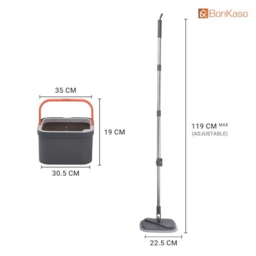 BonKaso 360° Spin Mop with Square Bucket Deluxe System Set and Reusable Microfiber Pads for Wet & Dry Glass, Wall, Tile and Home Floor Cleaning - Grey and Orange - Image 5
