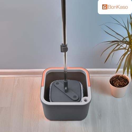 BonKaso 360° Spin Mop with Square Bucket Deluxe System Set and Reusable Microfiber Pads for Wet & Dry Glass, Wall, Tile and Home Floor Cleaning - Grey and Orange - Image 3